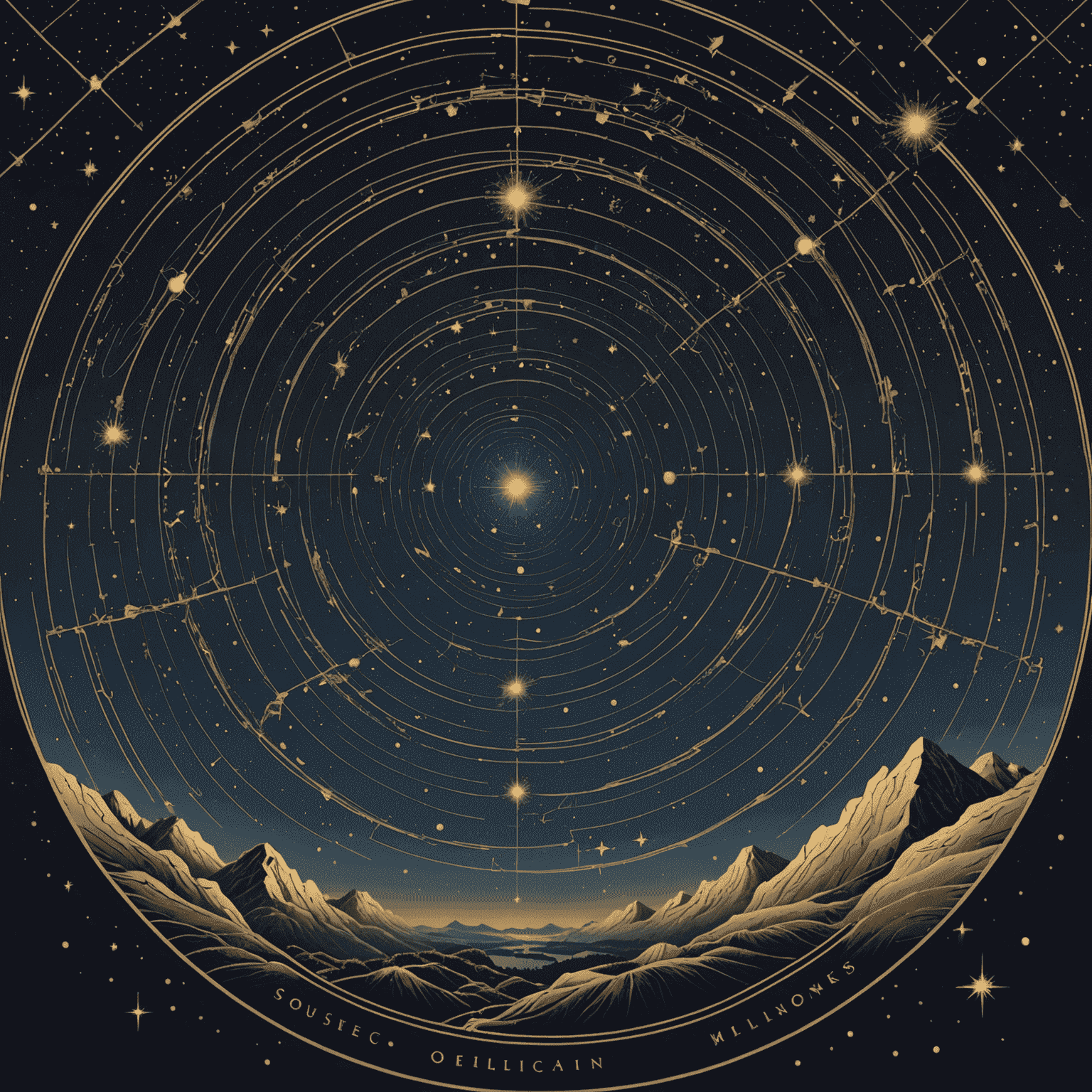 An intricate illustration of the night sky, featuring constellations and distant galaxies, with golden lines connecting stars to represent parsec measurements