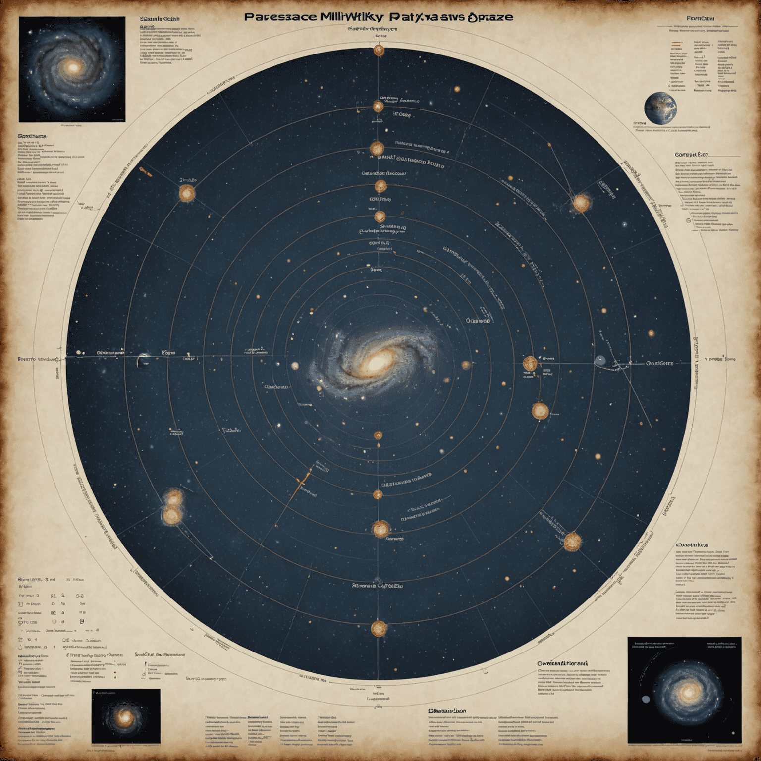 A detailed map of the Milky Way galaxy, with various stellar objects and regions labeled using parsec measurements. The image showcases spiral arms, the galactic bulge, and nearby star clusters, all annotated with distance markers in parsecs.