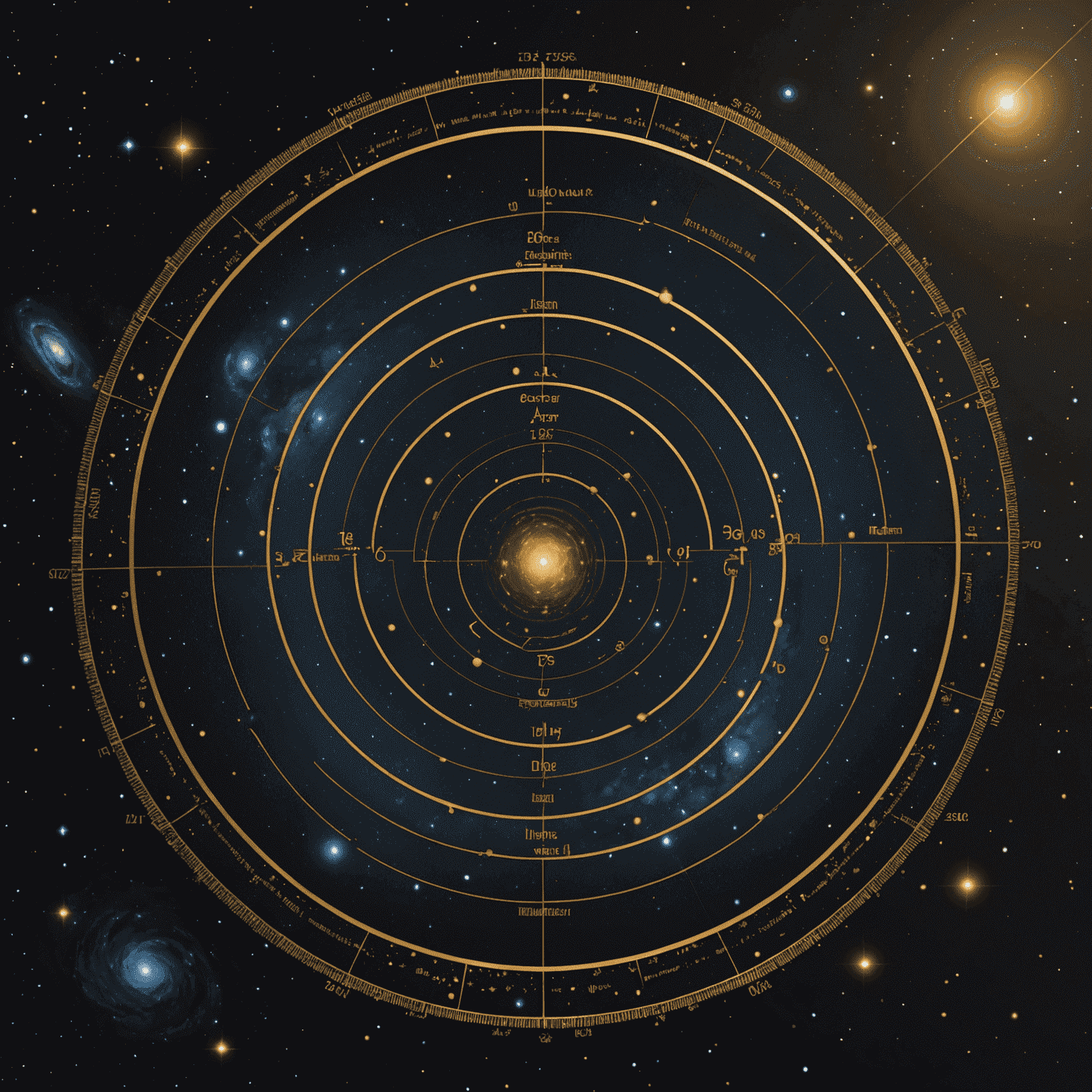 A visual representation of multiple galaxies at varying distances, with parsec measurements overlaid in elegant gold Arabic-style numerals