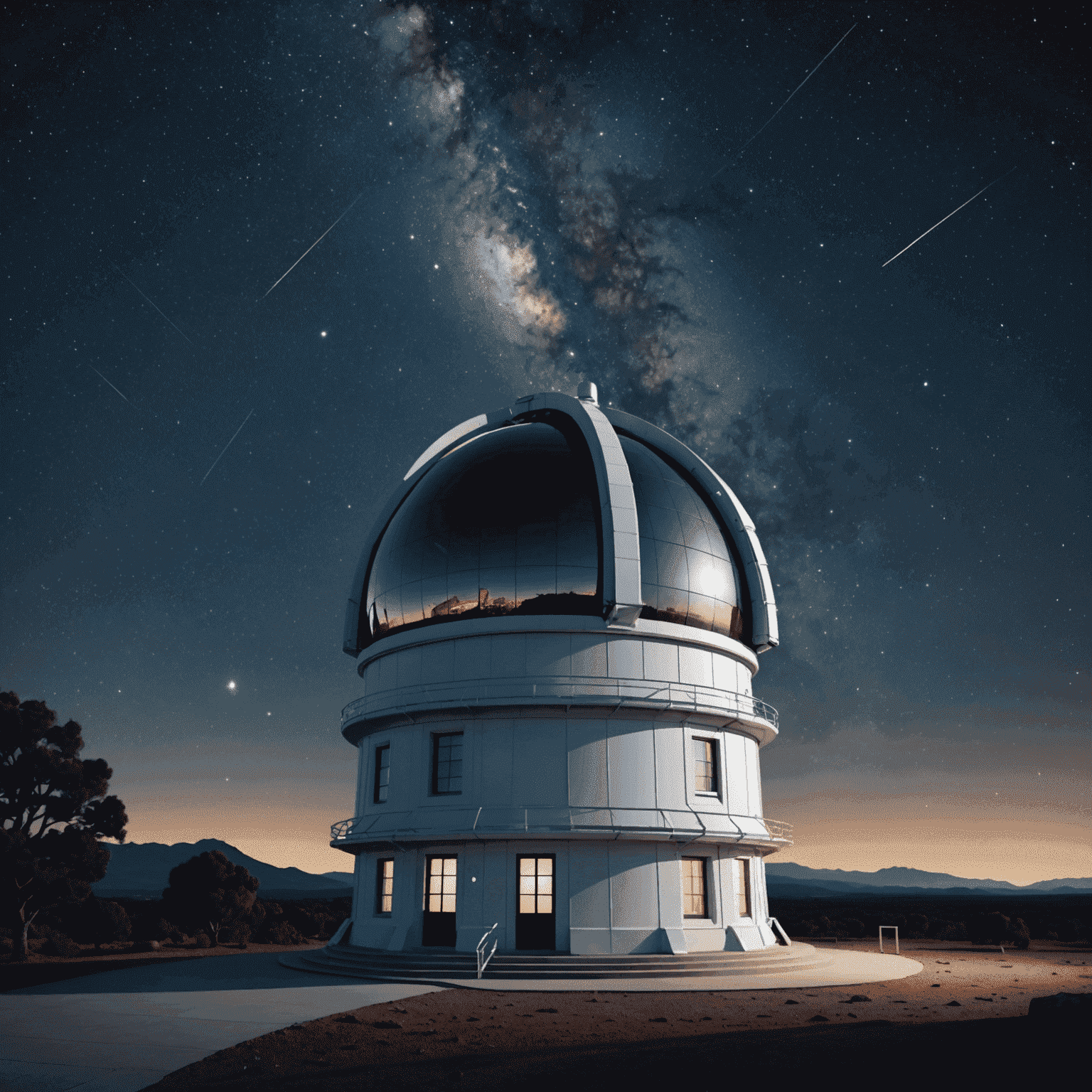 Futuristic astronomical observatory with advanced measurement devices, set against a backdrop of a starry night sky with visible galaxies and nebulae