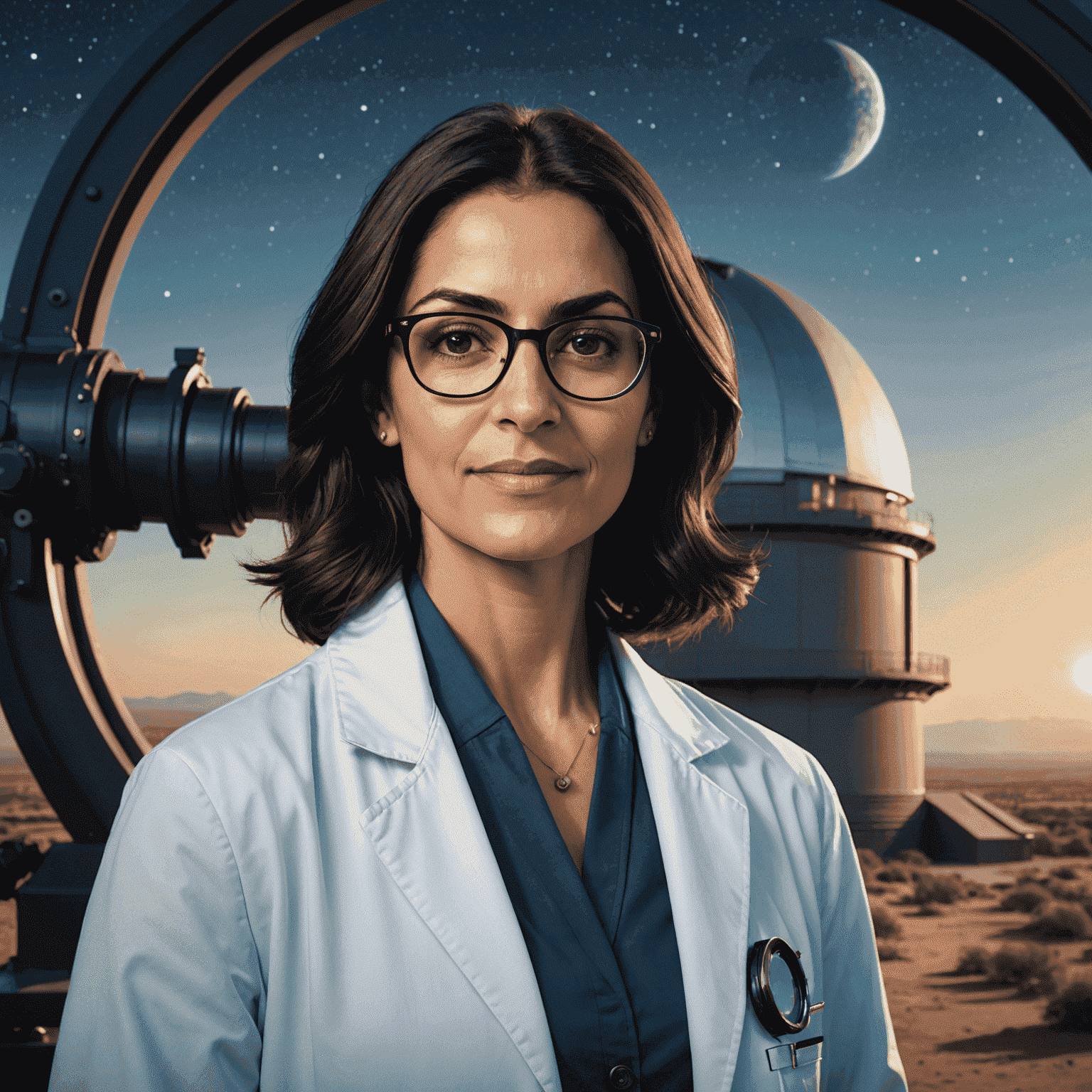 Portrait of Dr. Amira Khalil, a woman with dark hair and glasses, wearing a lab coat and standing in front of an observatory telescope