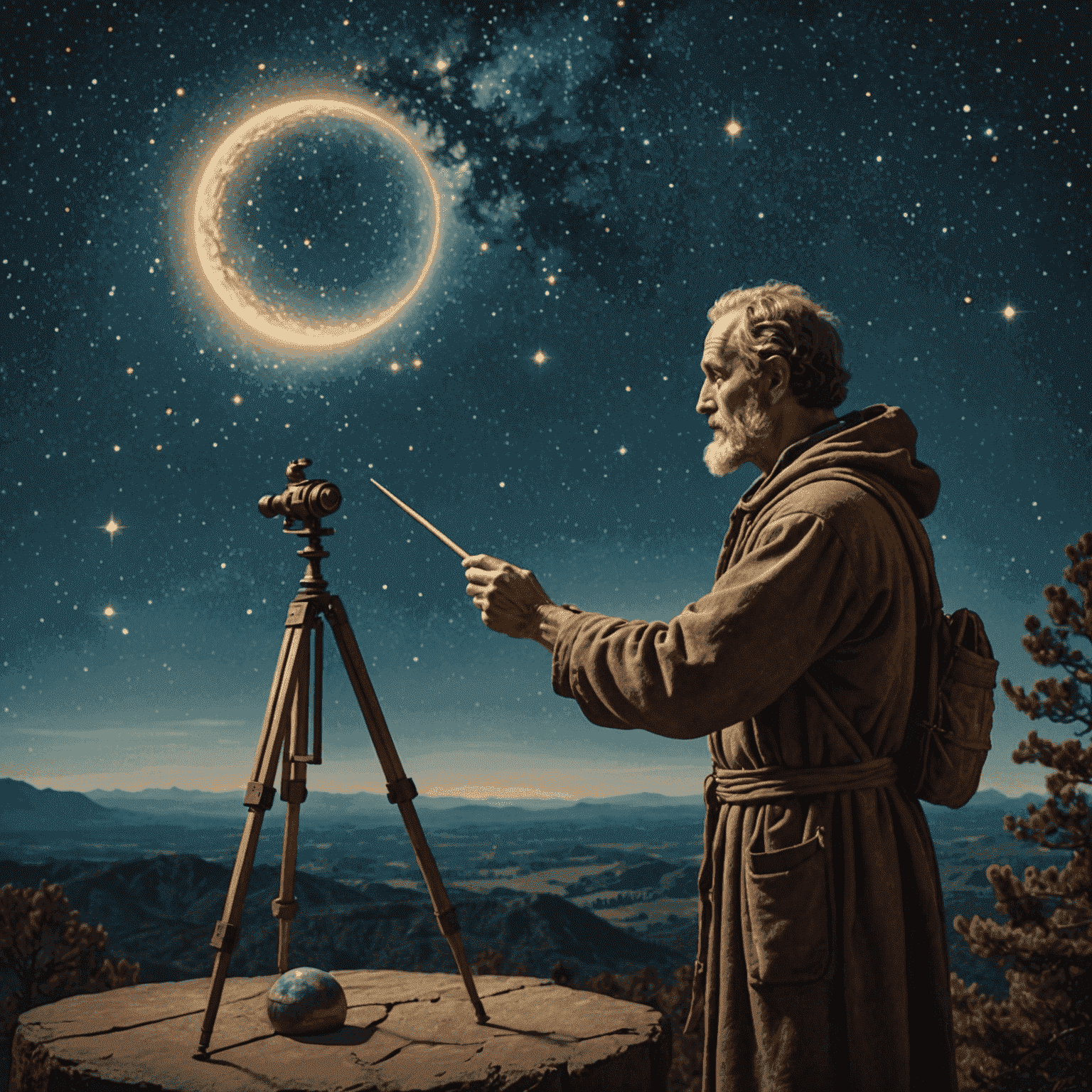 An ancient astronomer using primitive tools to measure stellar parallax, with a starry night sky in the background. The image should convey the historical significance of the parsec's origin.