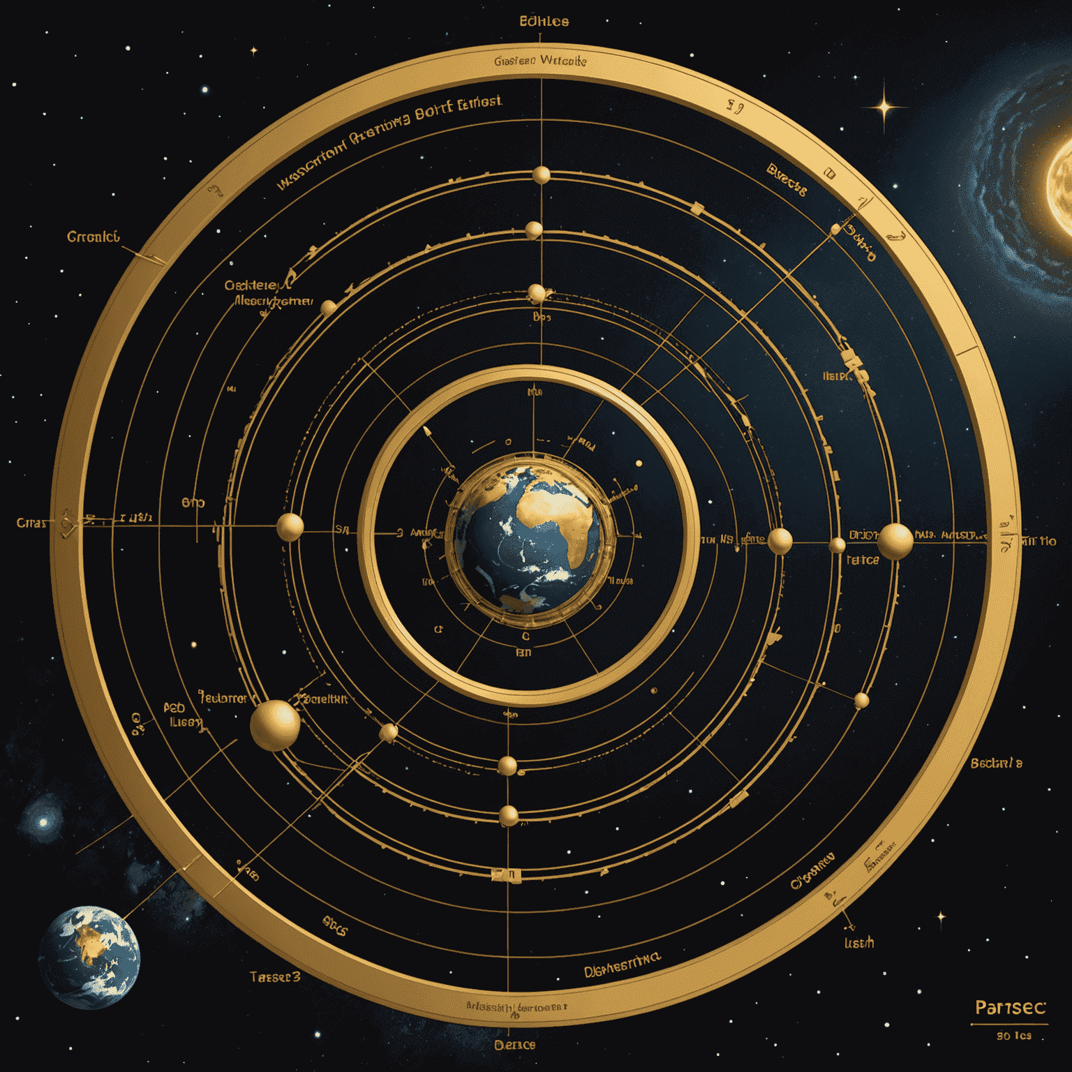 A diagram showing the concept of parallax and how it relates to the parsec measurement, with stars and Earth's orbit illustrated in gold and bronze colors