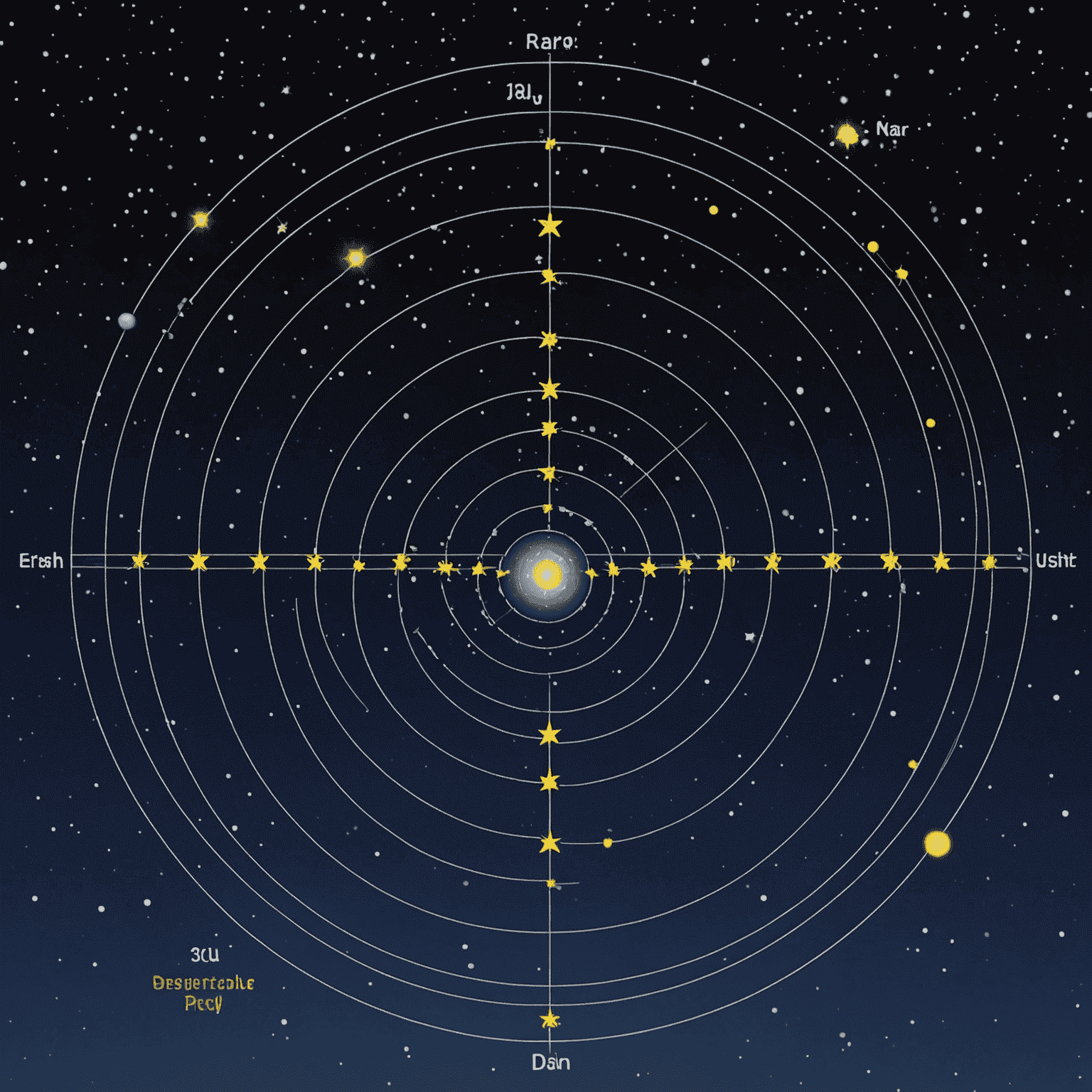 Diagram showing the principle of stellar parallax, with the Earth at two opposite points in its orbit and lines of sight to a nearby star, demonstrating how the star appears to shift position against the background of more distant stars.