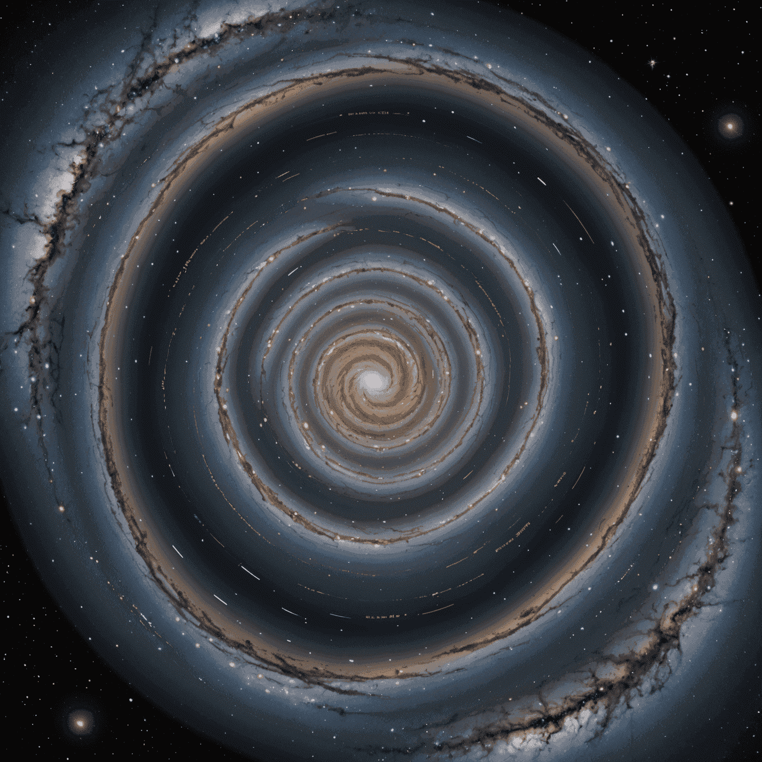 A 3D visualization of the Milky Way galaxy based on data from the Gaia space telescope. The image shows a swirling disk of stars with concentrations in the spiral arms and central bulge, all labeled with distance markers in parsecs.