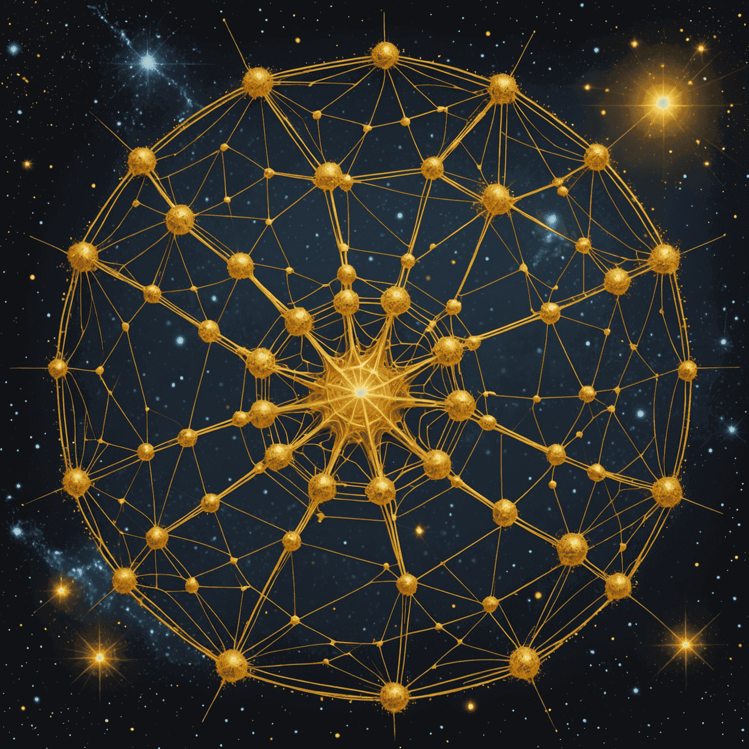 An ornate Arabian-style illustration of the cosmic web, with galaxy clusters represented as golden nodes connected by shimmering filaments, all labeled with parsec distances