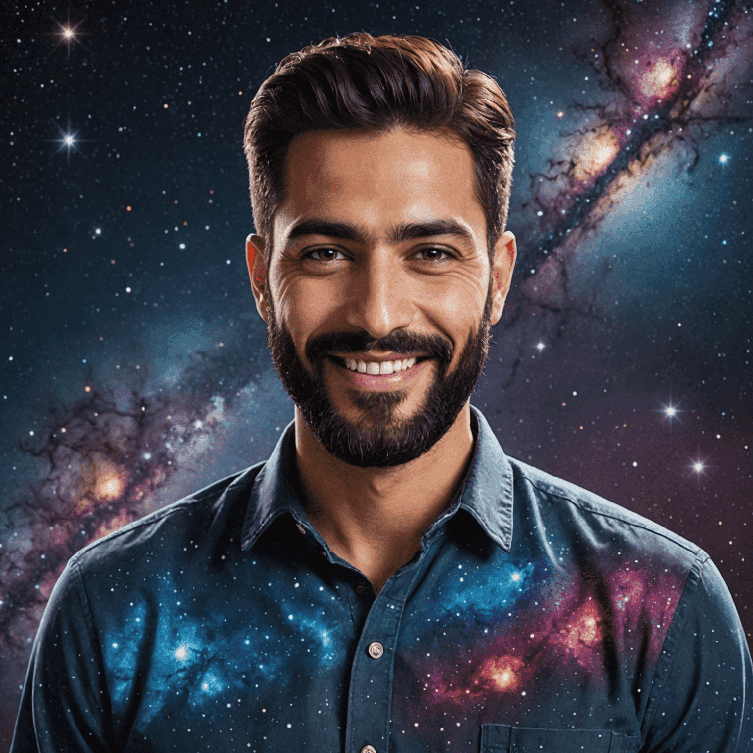 Portrait of Hassan Farid, a man with a beard smiling at the camera, wearing a casual shirt with a galaxy print