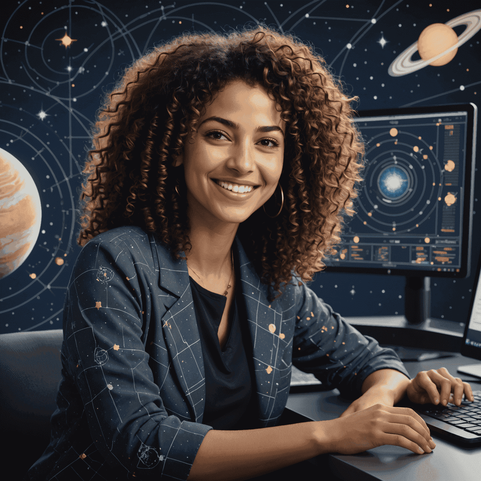 Portrait of Layla Nour, a woman with curly hair and a bright smile, sitting at a computer with astronomical charts on the screen