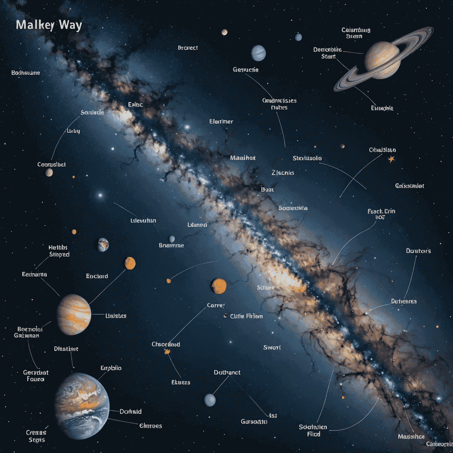 A detailed 3D map of the Milky Way galaxy, with various stellar objects and regions labeled using parsec measurements. The image should showcase the intricate structure of our galaxy.