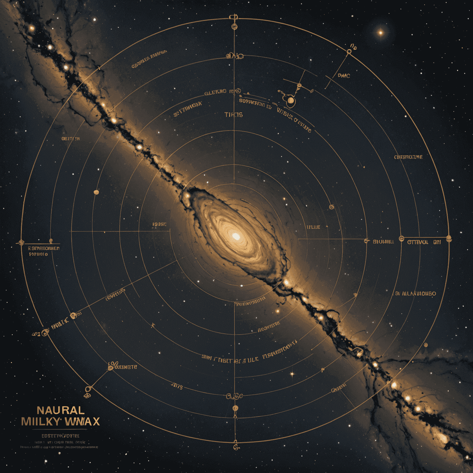 A stylized 3D map of the Milky Way galaxy, with key structures and distances marked in parsecs, rendered in rich gold and deep bronze colors