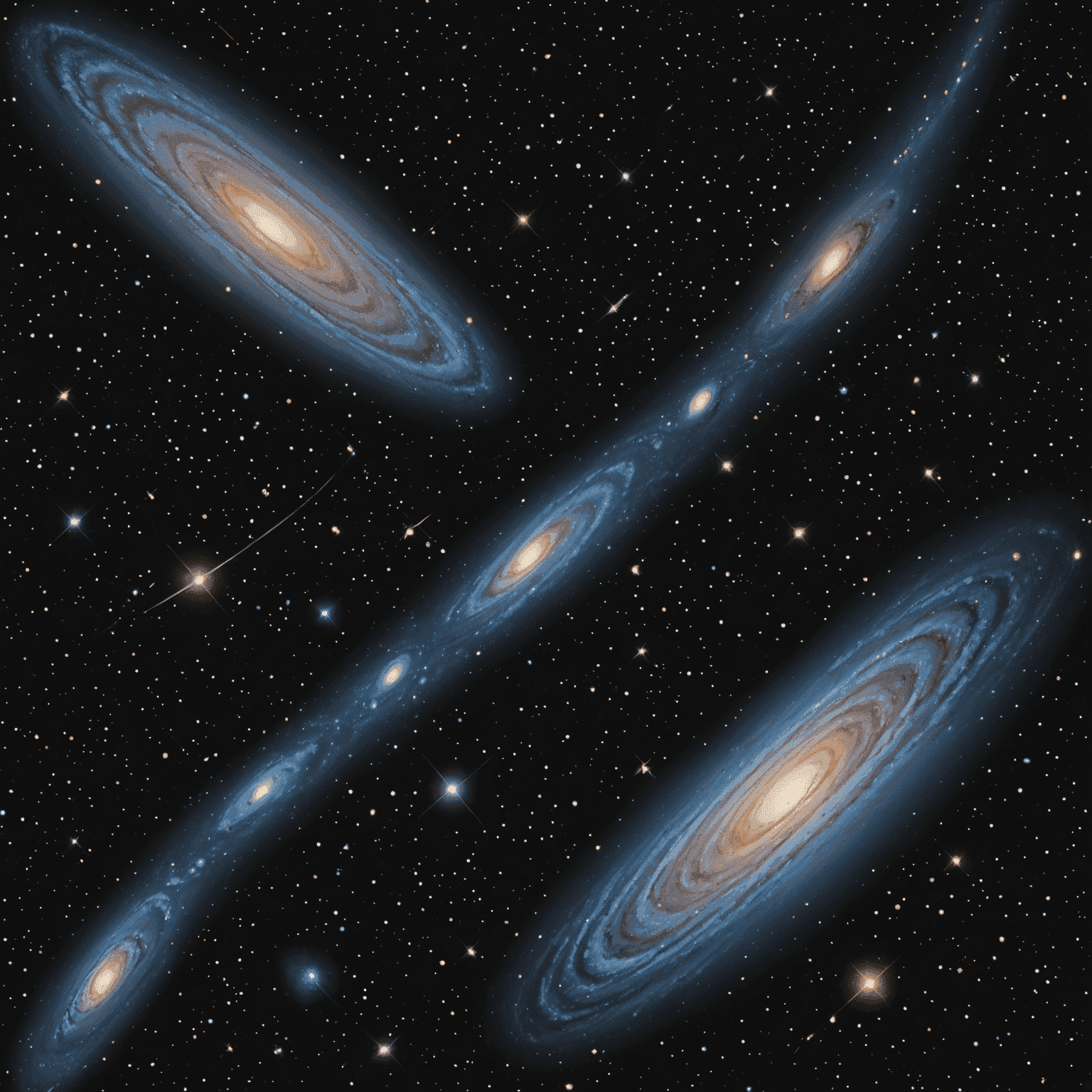 An artistic representation of multiple galaxies at various distances, with parsec measurements overlaid, showcasing the vast scale of the universe