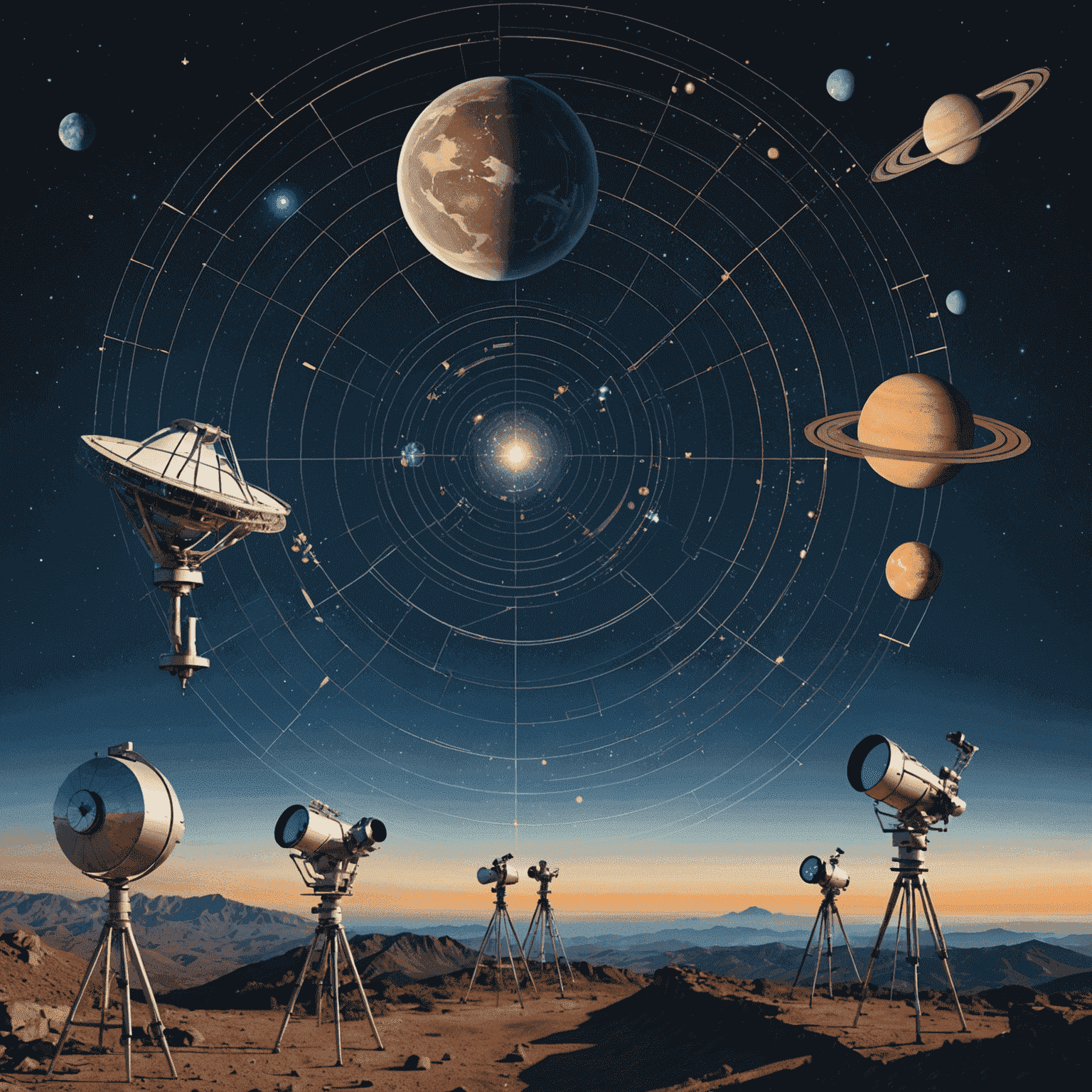 A futuristic collage showing advanced telescopes, quantum computers, and holographic star maps, representing the future of cosmic distance measurement